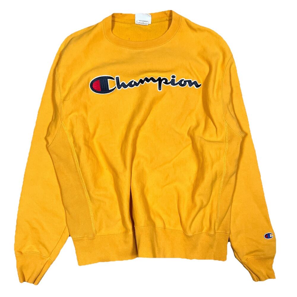 Champion Reverse Weave Sweatshirt Large Yellow Embroidered Logo Crewneck Flaw